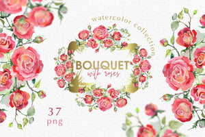 Watercolor Bouquet with red roses PNG Digital