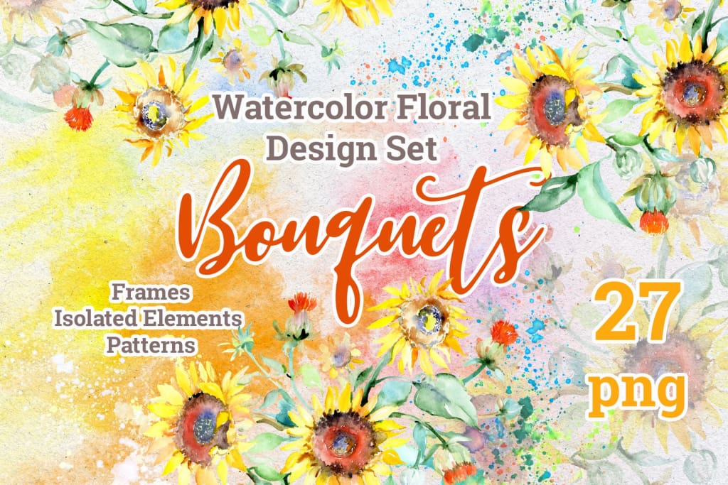 Watercolor bouquets with sunflowers PNG Digital