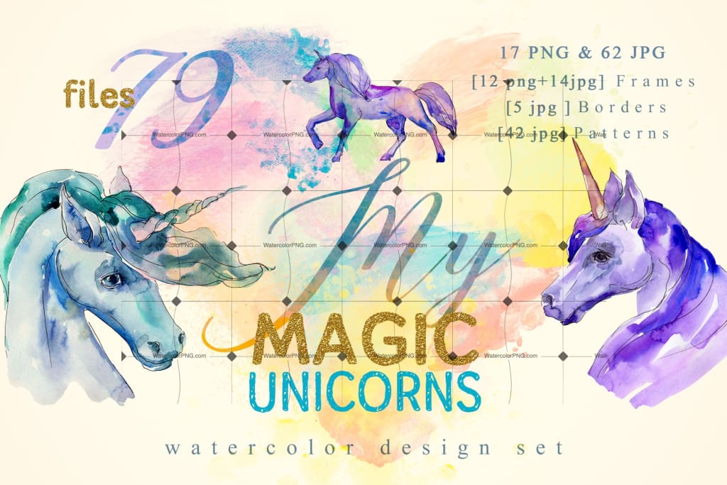 Watercolor Bright Unicorn Png Set Digital