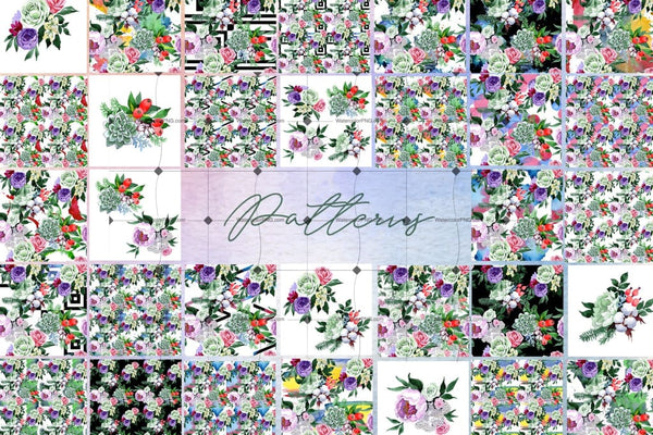 Watercolor Diversity Of 48 Flower Bouquets Png Drawings Digital