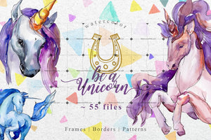 Watercolor Fantastic Unicorns Png Set Digital