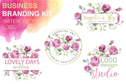 Watercolor LOGO with pink roses and cotton Digital
