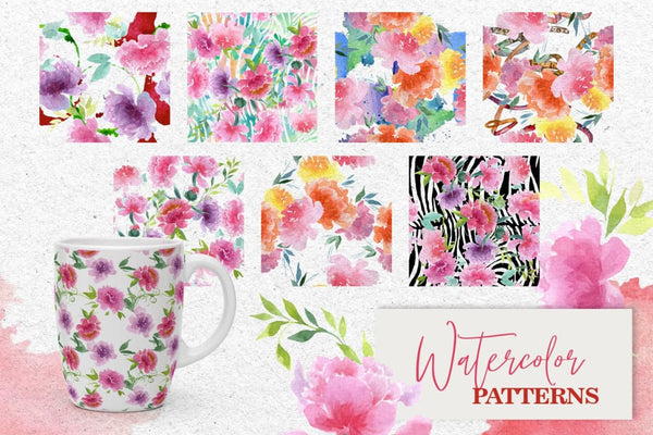 Watercolor pink peonies PNG collection Digital