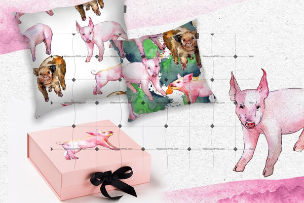 Watercolor Pink Pig Png Set Digital