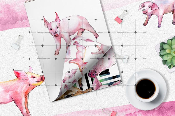 Watercolor Pink Pig Png Set Digital